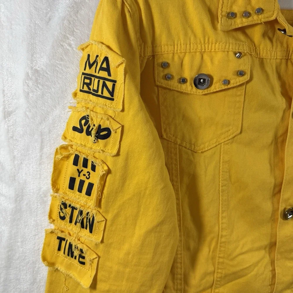 Yellow Graphic Denim Trucker Jacket Studded Streetwear School Ruined My Uff Mens